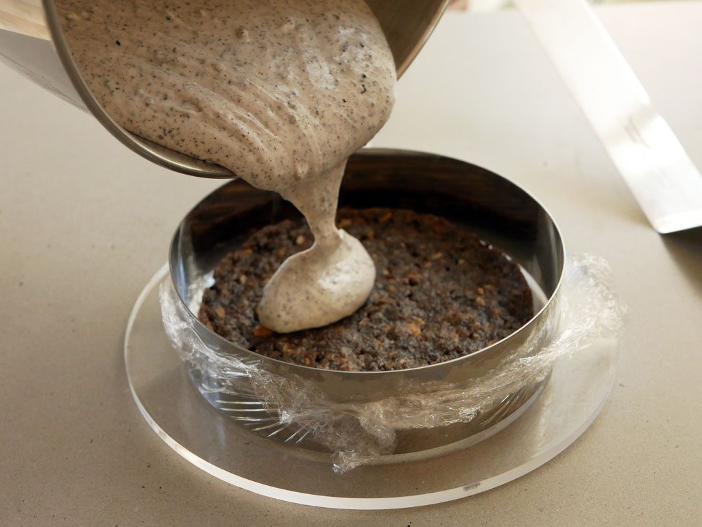 Pouring the oreo mousse
